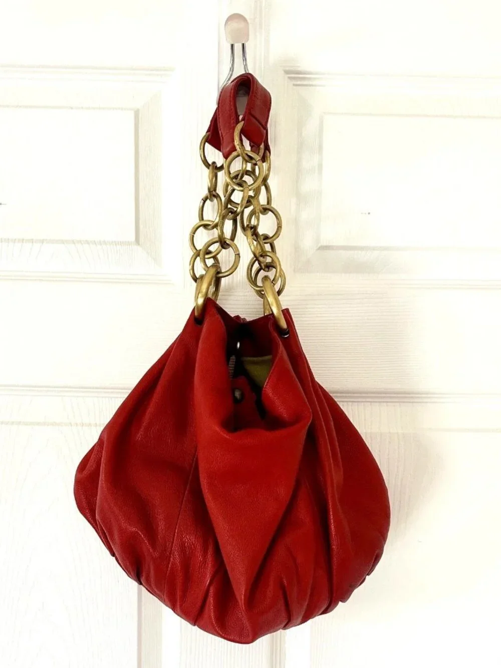 LUPO Leather Shoulder Hobo Bag Red Chain Handle